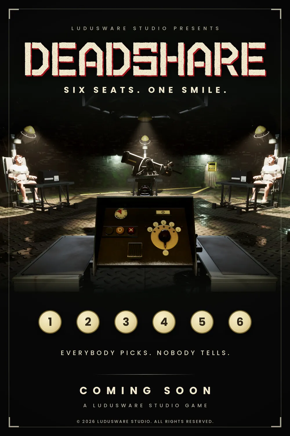 Deadshare key art: the title above a first-person view of the console, six numbered buttons and the line Everybody picks. Nobody tells.