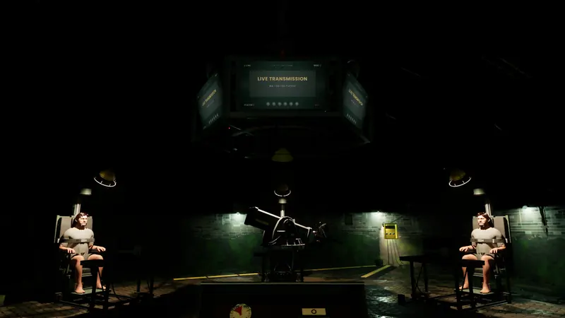 The six-sided screen hanging over the room shows the SIXFOLD live transmission while two contestants wait in their chairs.