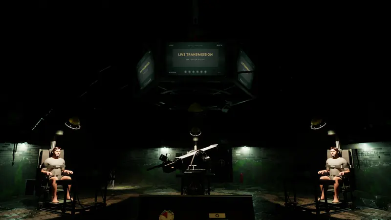 Contestants under green lamps beneath the live screen, seen from seat four.
